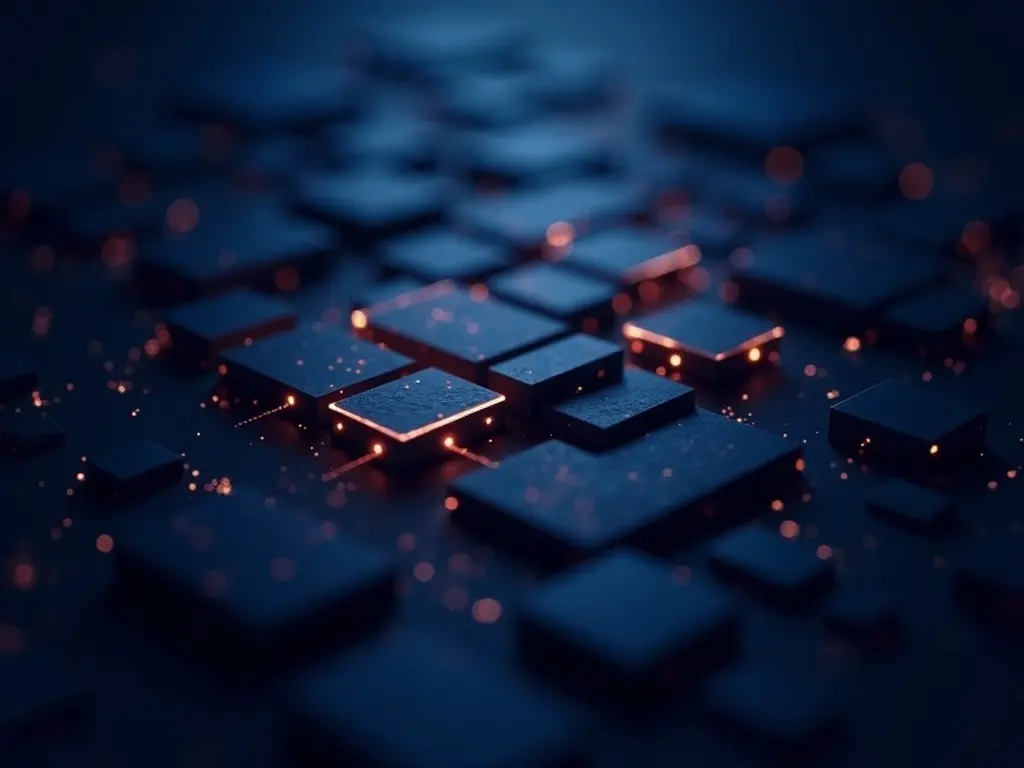 An abstract field of dark tiles assembling into a system, one tile lit in amber